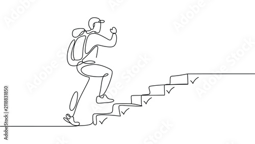 continuous line illustration of business person climbing stairs toward success career growth motivation and achievement concept isolated on white