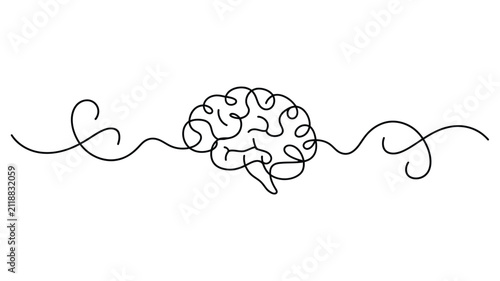 continuous line brain illustration representing mental health psychology neuroscience creativity and cognitive thinking isolated on white