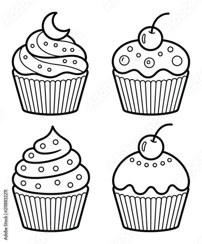 Conjunto de cuatro adorables cupcakes para colorear