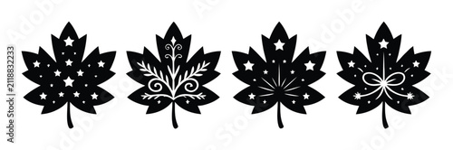 Conjunto de cuatro hojas de arce negras decorativas con patrones ornamentados