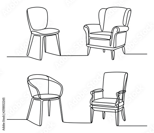 Conjunto de cuatro sillas diferentes dibujadas con una sola línea continua