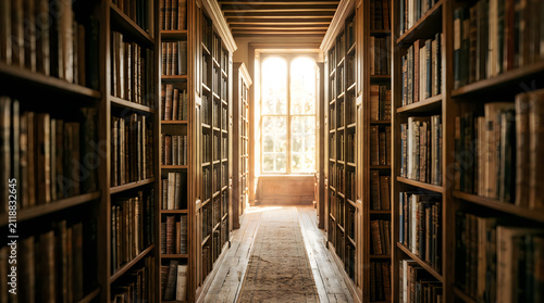 Library aisle with tall wooden bookshelves. Vintage book stacks in a sunlit reading room.
