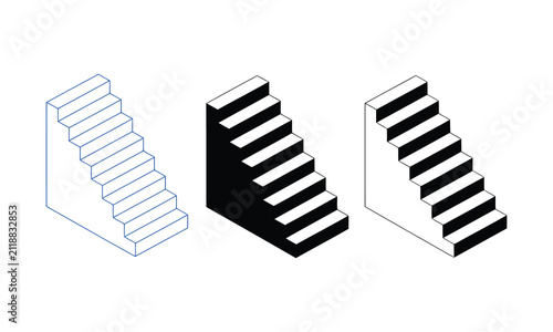 Set of three isometric stair icons in varying graphical styles with staircase