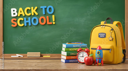 Back to school 3D render with yellow backpack. Education supplies on a green chalkboard.