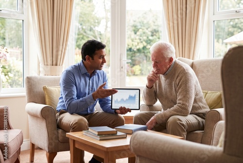 Financial advisor, bank manager, investment consultant insurance broker explaining financial plan to client or couple, discussing savings, loan, mortgage, investment, retirement, insurance