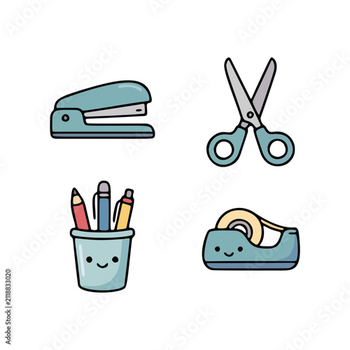 Cute kawaii stapler, scissors, pen holder cup and tape dispenser vector icon set