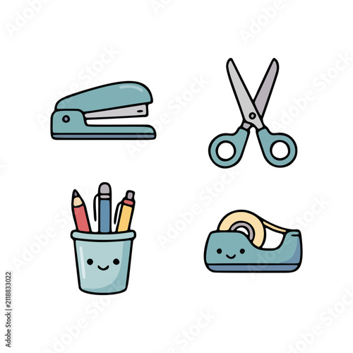 Cute kawaii stapler, scissors, pen holder cup and tape dispenser vector icon set