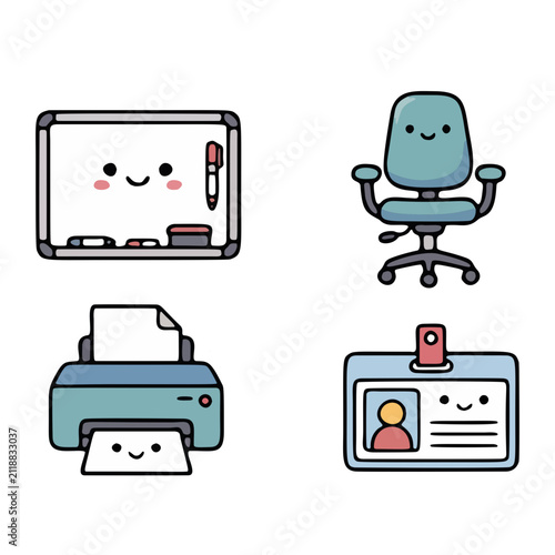 Cute kawaii whiteboard, office chair, printer and ID card badge vector icon set