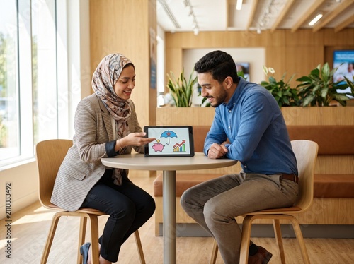 Financial advisor, bank manager, investment consultant insurance broker explaining financial plan to client or couple, discussing savings, loan, mortgage, investment, retirement, insurance