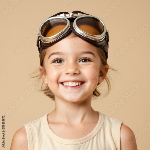 Cute little  pilot uniform and hat smiling against a blue background.