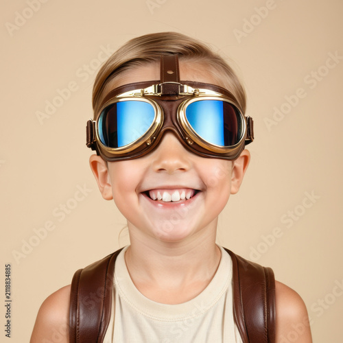 Cute little  pilot uniform and hat smiling against a blue background.