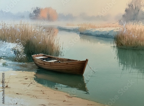 Serene early winter river watercolor painting with wooden rowboat anchored by sandy shore and misty distant trees