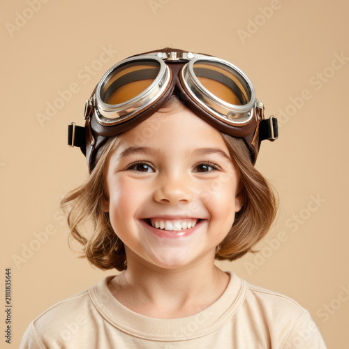 Cute little  pilot uniform and hat smiling against a blue background.