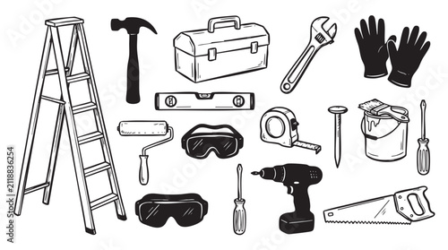 Set of hand drawn tools and equipment for home renovation and construction.