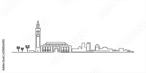 Konstfotografi Casablanca city skyline outline drawing with hassan ii mosque and palm trees in