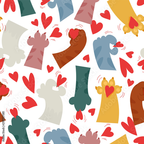 Seamless Cat Paws Holding Hearts Pattern on White Background for International Cat Day