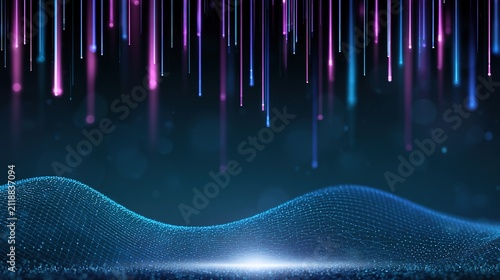 Cyber space background design with luminous vertical rays, soft bokeh circles, and bent mesh grid overlay