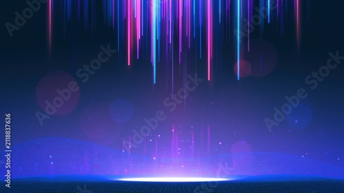 Abstract tech background with neon pink blue vertical light beams and glowing wireframe grid for futuristic digital wallpaper