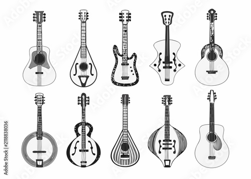 фотографія Diverse guitars collection monochrome vector illustration on white background