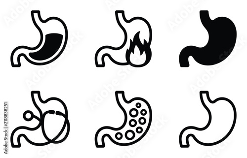 Conjunto de imágenes de estómagos humanos que representan la salud digestiva y afecciones médicas
