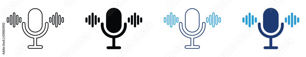 Fototapeta premium Voice recognition microphone icon set in outline and filled styles with audio waveform. Speech recording, podcast, voice assistant, and sound input. Vector illustration