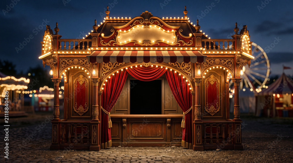 Fototapeta premium victorian carnival ticket booth with red velvet curtains and glowing lights at night