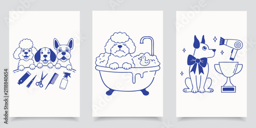 Cute dog grooming salon pet bath and hair dryer linocut vector set.