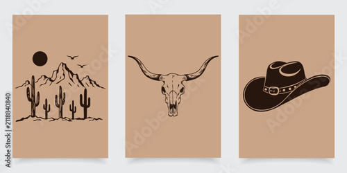Rustic western cowboy hat bull skull and desert linocut vector set.