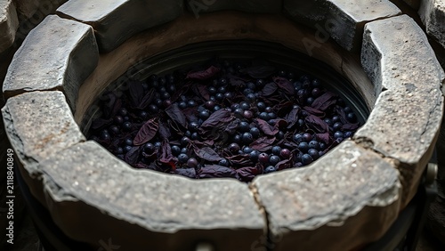 An ancient stone winepress with grape skins and residue inside.