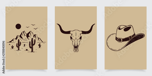Vintage western cowboy hat bull skull and desert linocut vector set.