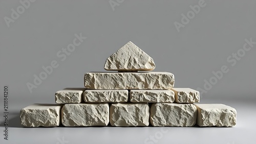 An isosceles triangle made of rough stone blocks with a polished apex, side lit.
