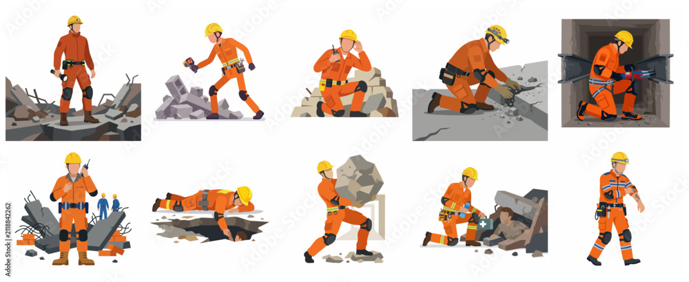 Fototapeta premium Professional Search and Rescue Workers Team Illustration Set, Disaster Relief Personnel in Orange Uniform in Ruined Area