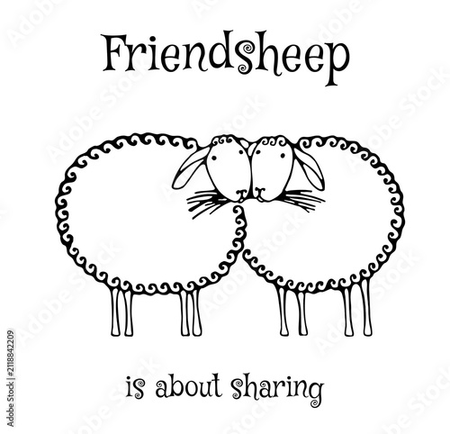 Fotografie Funny pun illustration with sheep friendship theme: Friendsheep is about sharing