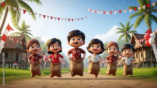 Indonesian Kids Sack Race Celebration Independence Day 3D Animation