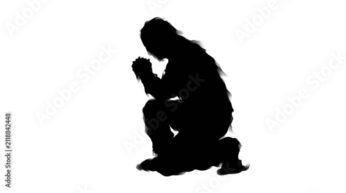 Helloween Kneeling person silhouette in prayer, black profile of a man praying on knees, spiritual meditation and religious devotion vector illustration vector