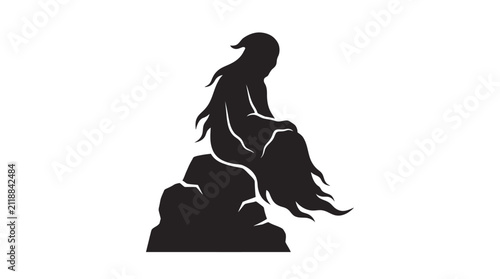 Fotografie Helloween Mystical wizard silhouette sitting on a rock, dark sorcerer character