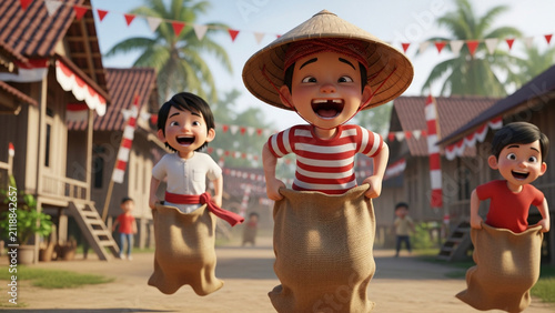 3D Cartoon Kids Indonesian Independence Day Sack Race Celebration