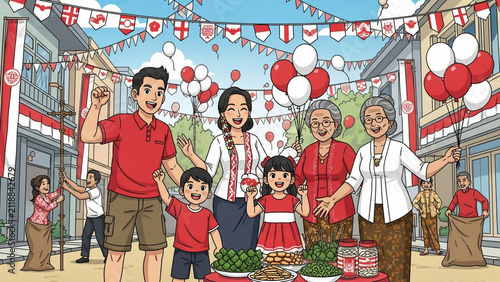 Happy Indonesian Independence Day Celebration with Family Cartoon Illustration