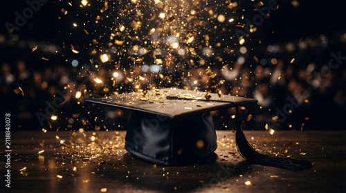 black graduation cap mortarboard on wooden table with falling gold confetti for academic achievement and celebration concept
