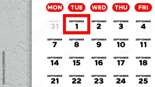 Red cursor highlighting September 1st on a 2026 wall calendar page