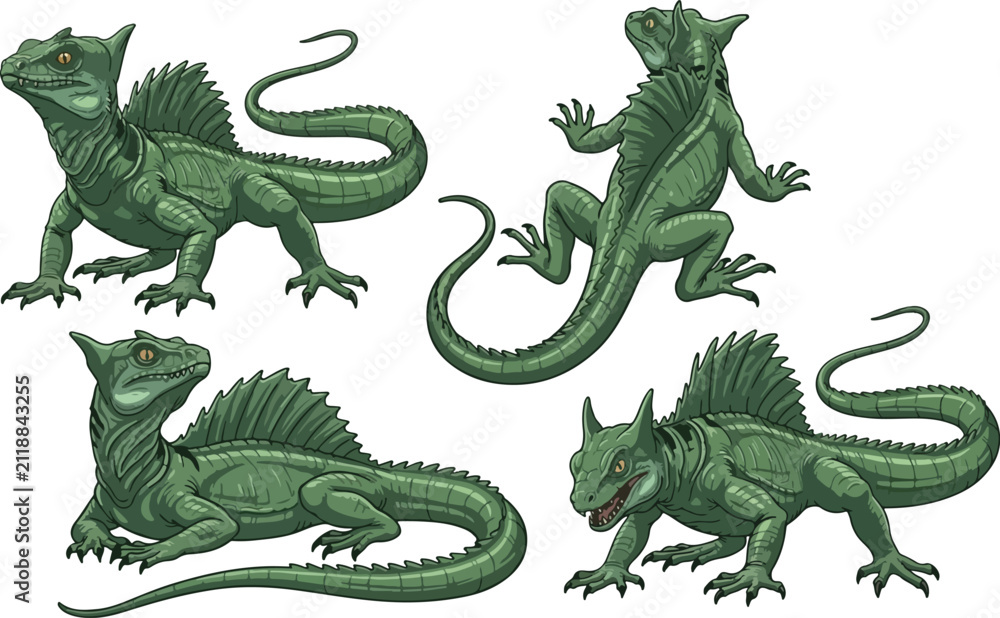 Fototapeta premium vector illustration clipart of basilisk with 4 poses semi realistic art style