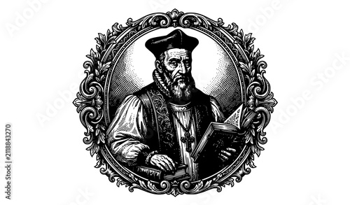 Bild auf Leinwand SEO Title:
Vintage Engraved Portrait of a 16th Century English Bishop and Schola