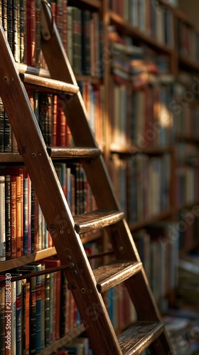 Wooden Library Ladder Beside Shelves of Old Books