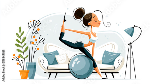 Cute cartoon girl in yoga pose, in the living room flat design illustration