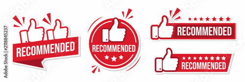 Collection of red recommended approval badges with thumbs up icons in different styles