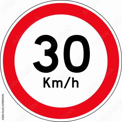 Red circular speed limit sign indicating thirty kilometers per hour restriction