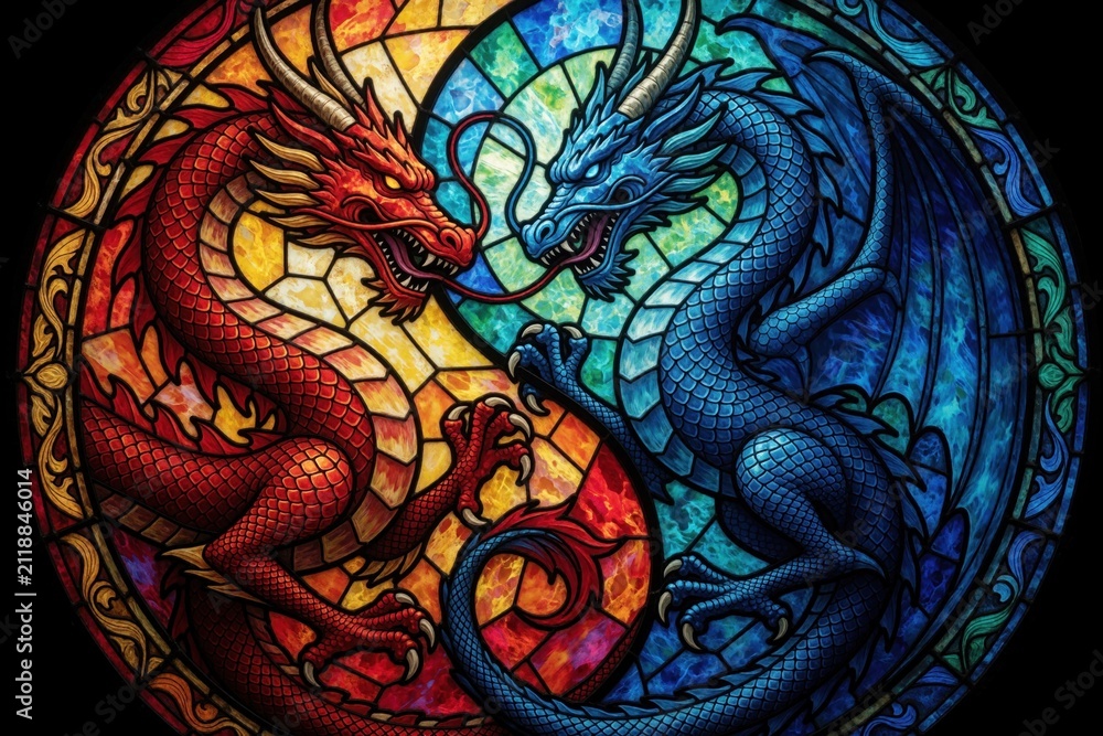 Obraz premium Round stained glass window displays red dragon, blue dragon. Mythical creatures face in circular frame. Yin yang concept represents balance with colorful pattern. Bright light shines through pieces