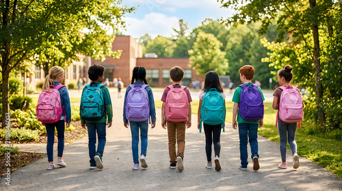 Group of students walking to school. Children with backpacks on a path, isolated cutout.