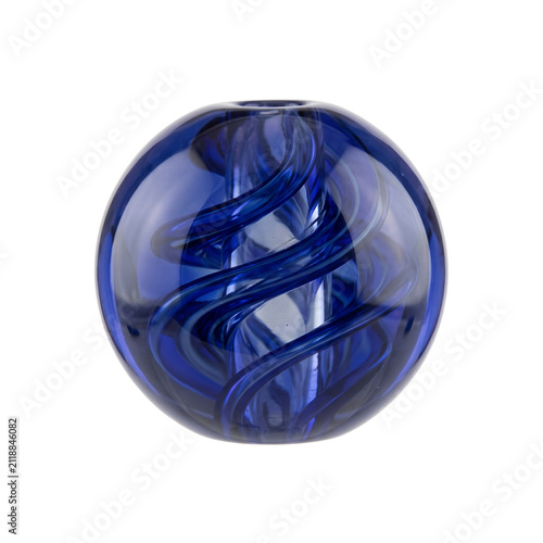 Indigo blue lampwork glass bead with internal swirl pattern, translucent handmade round focal bead isolated on transparent background.