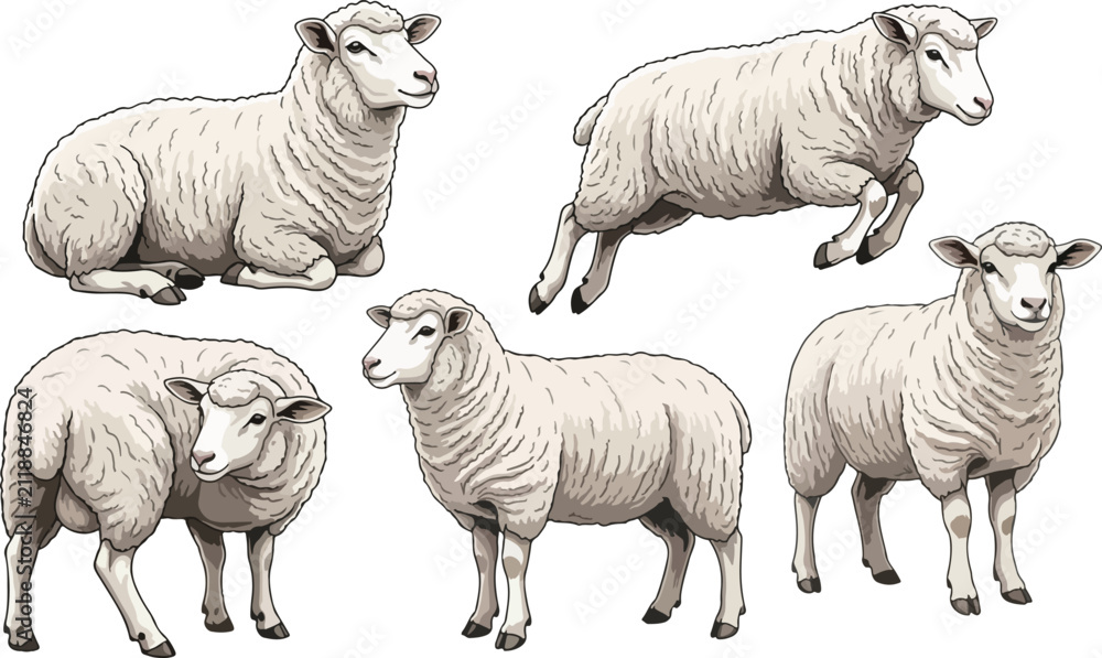 Obraz premium vector illustration clipart of sheep with 5 poses semi realistic art style